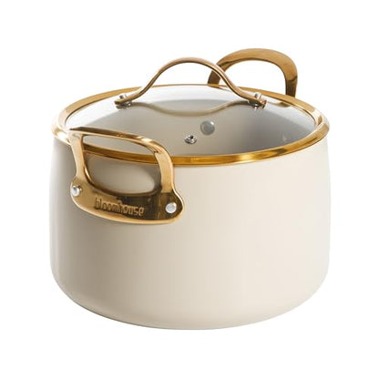 Bloomhouse - Two Time Oprah's Favorite Things Winner - 8 Quart Heavy Duty Aluminum Premium PFA Free Ceramic Nonstick Dutch Oven Pot with Lid - Almond Cream w/Gold Handle