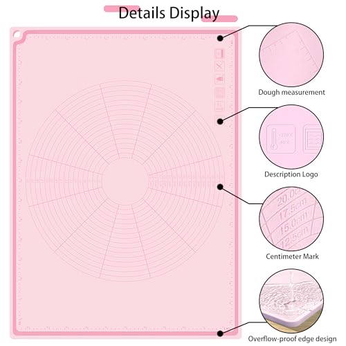 Silicone Baking Mat 32" x 24", Extra Thick Non-stick Pastry Mat with Measurements and Edge Heightening, Food Grade Silicone for Countertop Dough Rolling(With Dough Scraper/Pastry Brush/Cable Tie)