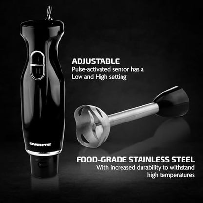 OVENTE Immersion Hand Blender, 300W Electric Handheld Stick Mixer with 2 Mixing Speeds and Stainless Steel Blades for Smoothies, Purees & Baby Food, Black HS560B