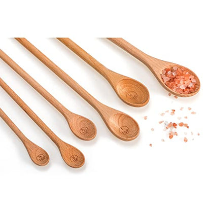 Wooden Meauring Spoons Set of 6 - Long Handle Beechwood Measuring Spoons 1/8 TSP, 1/4 TSP, 1/2 TSP, 1 TSP, 1/2 tbsp & 1 tbsp for Measuring Dry Ingredients for Cooking Baking Gift(10 inch)