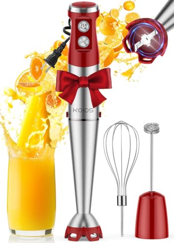 KOIOS Immersion Blender, 1000W Anti-scratch 3-in-1 Hand Blender, Upgraded 12 Speed Stainless Steel Blade Stick Blender with Turbo Mode, Whisk and Milk Frother, Non-BPA, Red