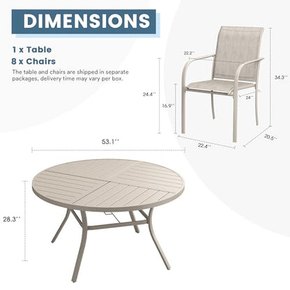 DIFY 9 Pieces Outdoor Patio Dining Set for 8, 53.1" Sandshell Round Metal Dining Table and 8 Sandshell Stackable Sling Dining Chairs, Outdoor Table and Chairs for Lawn Garden Backyard Deck
