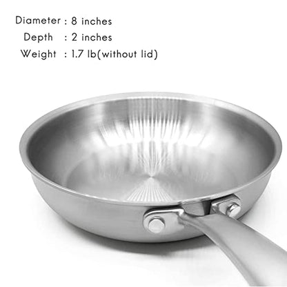 Fortune Candy 8-Inch Fry Pan with Lid, 3-ply Skillet, 18/8 Stainless Steel, Dishwasher Safe, Induction Ready, Silver