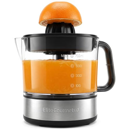 Elite Gourmet ETS623 BPA-Free 40-Watt Electric Citrus Juicer, Compact, Large Volume, Pulp Control, Oranges, Lemons, Limes, Grapefruits with Easy Pour Spout, 24oz, Black/Stainless Steel