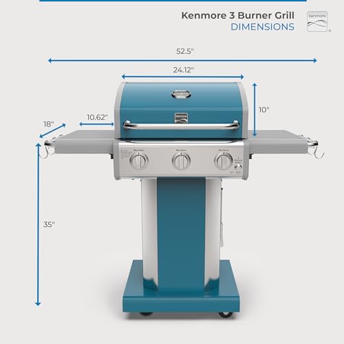 Kenmore 3-Burner Propane BBQ Grill, 30,000 BTUs Gas Grill with Cast Iron Cooking Grates, Folding Side Tables & Wheels, Outdoor Grill with Tool Hooks, Teal