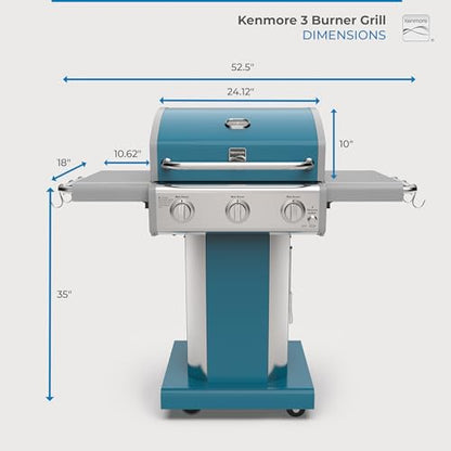 Kenmore 3-Burner Propane BBQ Grill, 30,000 BTUs Gas Grill with Cast Iron Cooking Grates, Folding Side Tables & Wheels, Outdoor Grill with Tool Hooks, Teal