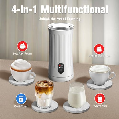 CookSwift Milk Frother, 4-in-1 Milk Steamer and Frother, 8.1oz/240ml Automatic Warm and Cold Foam Maker, Auto Shut-Off Frother for Coffee, Latte, Cappuccino, Macchiato(White)
