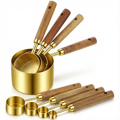 PercyEffie 8 Pcs Gold Measuring Cups and Spoons Set, Stainless Steel Measuring Cups with Wood Handles, 4 Stackable Wooden Measuring Cups and 4 Measuring Spoons Set for Kitchen Cooking and Baking