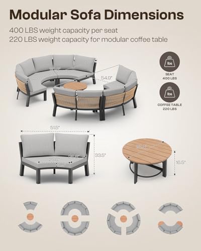Oasbira Luxury Patio Furniture Set for 12 People, 9-Piece Curved Patio Conversation Sets with Woven Rope & Modular Coffee Table, Half Moon Outdoor Furnitrue Set for Deck, Garden, Gray