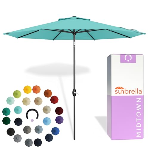 Midtown Umbrellas - The Lean 10 Ft Patio Umbrella with Fade-Resistant Sunbrella Fabric, Auto-Tilt Aluminum Frame and 8 Reinforced Ribs for Deck, Pool & Garden - Canvas Glacier Canopy, Black Pole