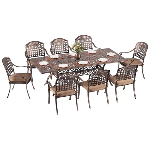 Redlife 9-Piece Cast Aluminum Outdoor Dining Set, 86" Rectangular Patio Table with Umbrella Hole, 8 Stackable Chairs with Cushions, Lattice Backrest, All-Weather Waterproof Patio Furniture Set