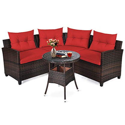 Tangkula 4-Piece C Shape Patio Furniture Set, Outdoor Corner Wicker Rattan Sectional Cushioned Sofa Set, with Glass Coffee Table, for Garden Poolside Balcony (Red)