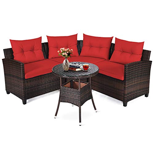 Tangkula 4-Piece C Shape Patio Furniture Set, Outdoor Corner Wicker Rattan Sectional Cushioned Sofa Set, with Glass Coffee Table, for Garden Poolside Balcony (Red)