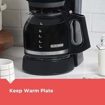 BLACK+DECKER 12-Cup Coffee Maker with Easy On/Off Switch, Easy Pour, Non-Drip Carafe with Removable Filter Basket, Vortex Technology, Black