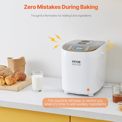 VEVOR Bread Maker, Dough Machine 15 Menus in 1, Non-Stick Ceramic Pan Automatic Breadmaker with Non-Gluten Setting, Whole Wheat Bread Making, Digital, Programmable, 3 Loaf Sizes, 3 Crust Colors, White