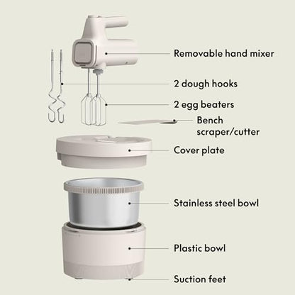 bella 3.5 Qt Hand & Stand Mixer, 2 in 1 Electric Mixer with Bowl, Dough Hook, Whisk & Egg Beater, Multifunctional Handheld Mixer for Baking, 200 Watt, Oatmilk