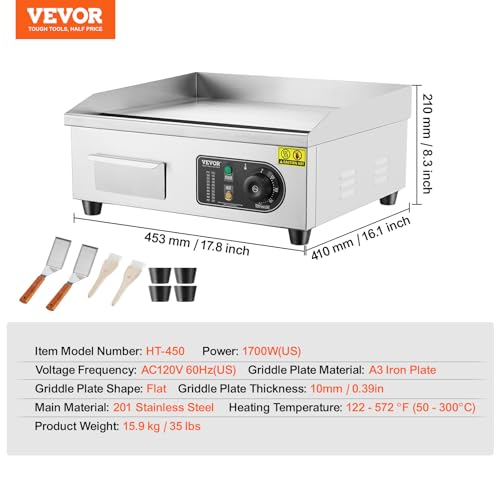 VEVOR Commercial Electric Griddle, 1700W Countertop Flat Top Grill, 18in Stainless Steel Griddle Grill with 2 Shovels and 2 Brushes for Home or Restaurant, 122℉-572 ℉ Adjustable Temp
