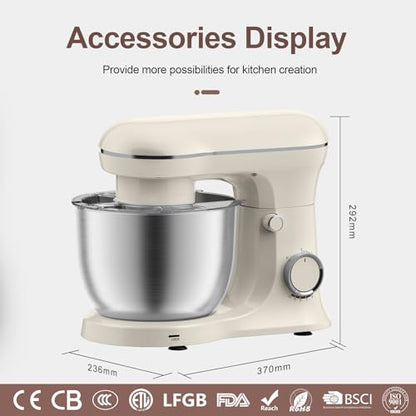 10 Speeds Stand Mixer With Bowl 6.5QT Stainless Steel, Electric Kitchen Stand Up Mixer for Baking Cakes Cookie Bread Salad Food with Egg Whisk, Dough Hook, Flat Beater - Portable Baking Mixers White