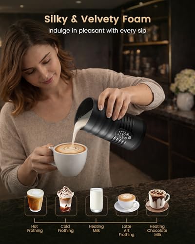 Milk Coffee Frother and Steamer,Temperature Display, 350lm, Burn-Free Base, Easy To Clean, 96% High Foam Rate,Ultra-Quiet Operation,Electric Cold Foam Maker Machine,Hot Chocolate Frother - Black