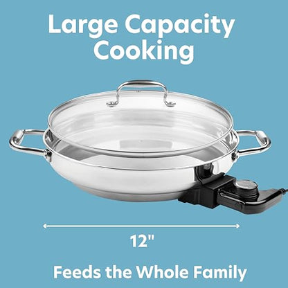 CucinaPro Electric Skillet, 18/10 Stainless Steel Pan, Tempered Glass Lid