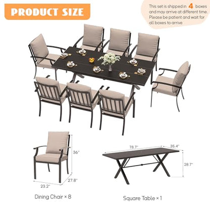 Trumbeak 9-Piece Patio Dining Set Outdoor Conversation Set,Metal Outdoor Furniture Set with Umbrella Hole Cut-Out 78.7" x 35.4" Table and 8 Metal Backrest Chairs for Backyard,Garden,Sand