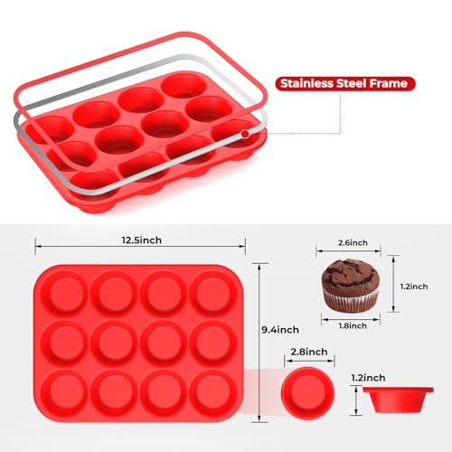 Silicone Muffin Pan for Baking: 12 Cup Muffin Pan with Metal Reinforced Frame, Regular Size Cupcake Egg Bites Molds for Baking, BPA Free Silicone Muffin Tray, Dishwasher Safe (1 Pack, Red)