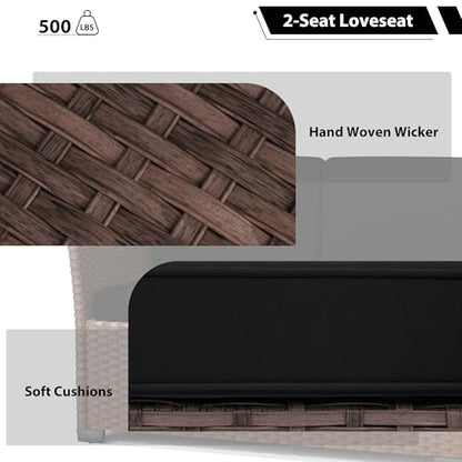 KIGOTY 7 Piece Patio Furniture Set, Outdoor PE Wicker Rattan Outdoor Dining Set, Patio Table and Chairs Set, Patio Conversation Sofa Set with Dining Table and Ottoman(Brown-Black)