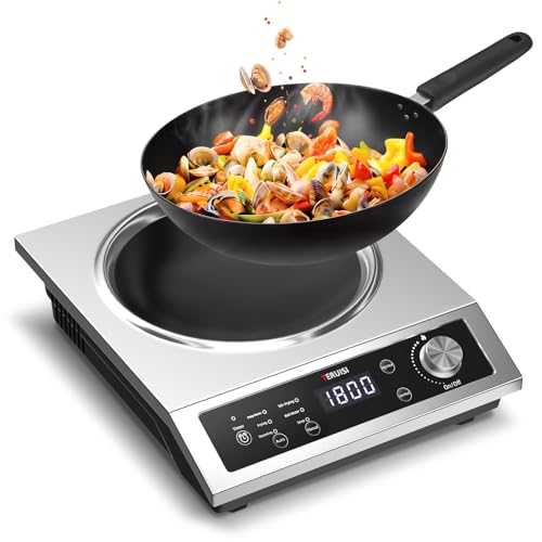 TERUISI Commercial Induction Cooktop, 1800W Electric Wok Cooker with Concave Surface, 4H Timer, 6 Preset, 8 Temp Levels, Portable Induction Burner for Kitchen Cooking, 12.6" Carbon Steel Wok Included