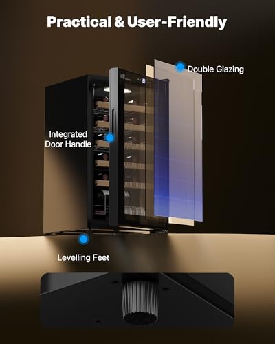 Upstreman 24 Bottle Wine Cooler Refrigerator, Compact Small Built-in or Freestanding Wine Fridge, 41-68°F Temperature Control, Glass Door, Touch Control & LED Light for Home Kitchen Bar (W24-Black)