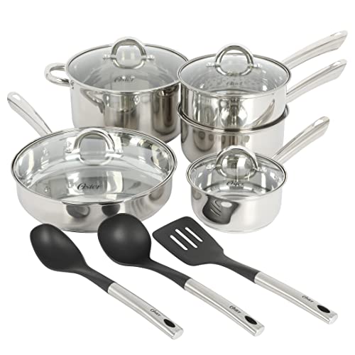 Oster Sangerfield 12-Piece Stainless Steel Cookware Set With Kitchen Tools, Non-Stick Pots and Pans, Durable Oven Safe Cookware for Home Cooking