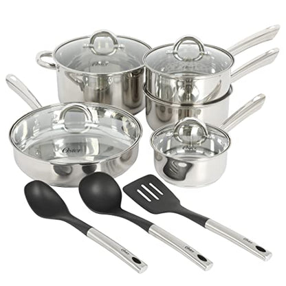 Oster Sangerfield 12-Piece Stainless Steel Cookware Set With Kitchen Tools, Non-Stick Pots and Pans, Durable Oven Safe Cookware for Home Cooking