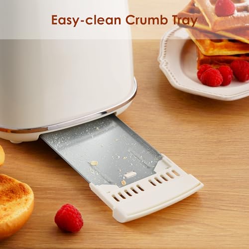 Roter Mond 2 Slice Toaster Retro Stainless Steel with Bagel, Cancel, and Defrost Functions, 6 Bread Shade Settings, Extra Wide Slots and Removable Crumb Tray, Cream