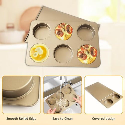 JSJMOFA 6 Cup English Muffin Pan with Sliding Lid, Nonstick Carbon Steel Hamburger Bun Mold, 2-in-1 Proof & Bake Pan for Breakfast Egg Sandwiches, Quiches, and Meal, 3.35 Inch Cavities