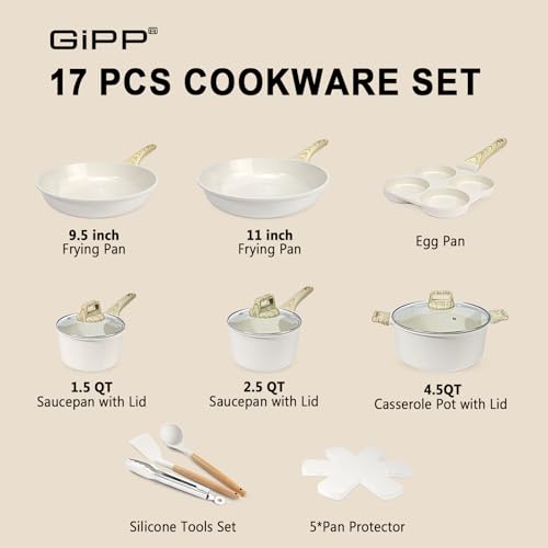 GiPP Ceramic Pots and Pans Set Non Stick - 17 Pcs Nonstick Cookware Set, Non-toxic Healthy Kitchen Cooking Set/Frying Pans Set, Dishwasher Safe, PFAS PTFE PFOA PFOS Free, Cream White