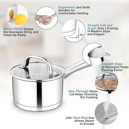 TeamFar 1 qt Saucepan, Stainless Steel Small Sauce Pan & Lid with Tri-ply Bottom for Cooking/Boiling/Stewing, For Induction/Gas/Electric, Non-Toxic & Heavy Duty, Straight Side & Dishwasher Safe