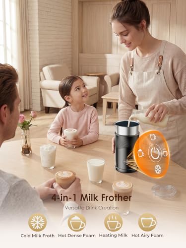 Ecoflarix Large Capacity Milk Frother: 4-in-1 Electric Milk Steamer 350ml, 7700RPM High Speed, 120s Fast Frothing, 𝐇𝐨𝐭 & 𝐂𝐨𝐥𝐝 Foam Maker, Helpful Stainless Steel for Latte - Grayish Black