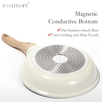 ESLITE LIFE Nonstick Ceramic Frying Pan Skillet with Lid, Non-Toxic Egg Omelette Kitchen Cooking Pans Compatible with All Stovetops (Gas, Electric & Induction), PTFE & PFOA Free (White, 8" w/Lid)