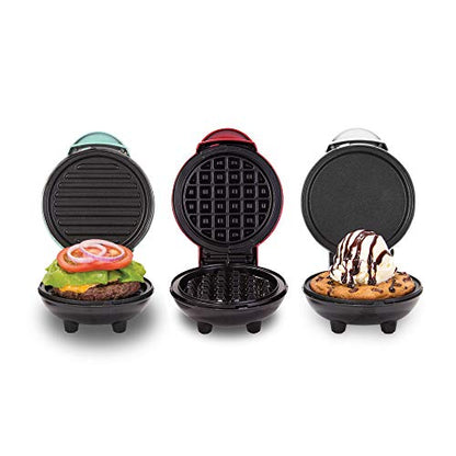 Dash Mini Maker Set - Customized Treat Maker - Supports Multi-Function Cooking - Easy Cleanup and User-Friendly Design - White, Aqua & Red - Waffle, Grill & Griddle Irons