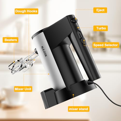 NARIIK Electric Hand Mixer, 660W Kitchen Handheld Mixer 5 Speed Self Control Whisk 304 Stainless Steel One Click Eject Dishwasher Safe Mixer for Cream Cookies Dough（Black）