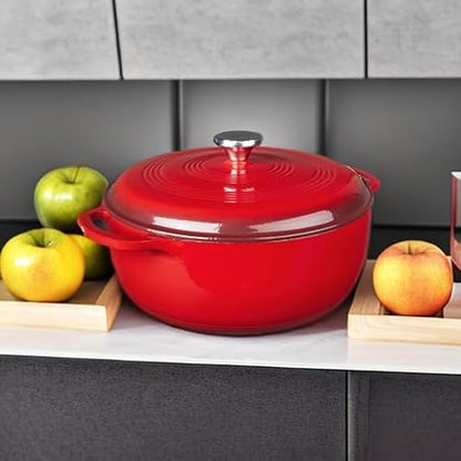 Lodge Essential Enamel Cast Iron Dutch Oven with Lid 7.5 Quart - Oven-Safe Enamel Cookware up to 500° F - Heat-Retaining Braising & Roasting Pot - Non-Toxic Cookware - Island Spice Red