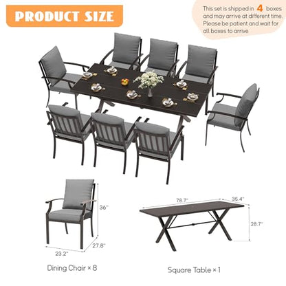 Trumbeak 9-Piece Patio Dining Set Outdoor Conversation Set,Metal Outdoor Furniture Set with Umbrella Hole Cut-Out 78.7" x 35.4" Table and 8 Metal Backrest Chairs for Backyard,Garden,Grey