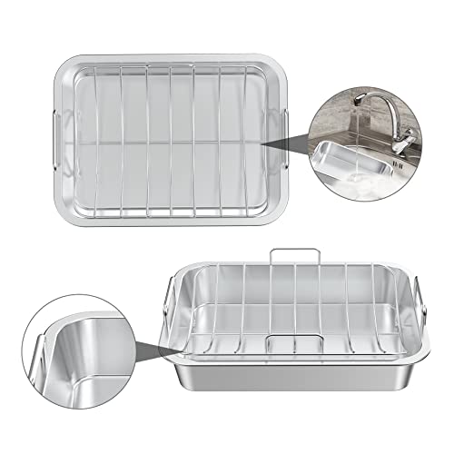 Onlyfire Roasting Pan with U-Rack - Stainless Steel Barbecue Bakeware Roaster, 16 Inch Rectangular Turkey Roaster Lasagna Pan for Roasting Turkey, Chicken, Meat & Vegetables, Oven Safe