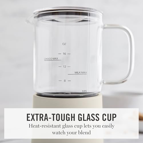 Martha Stewart Milk Frother and Steamer, 10oz/300ml Glass Cup, 4 Presets (Cold Foam, Light, Dense & Hot Chocolate), Ready in 90 Seconds, Cordless Pouring, One-Touch for Hot and Cold Milk, Linen Cream