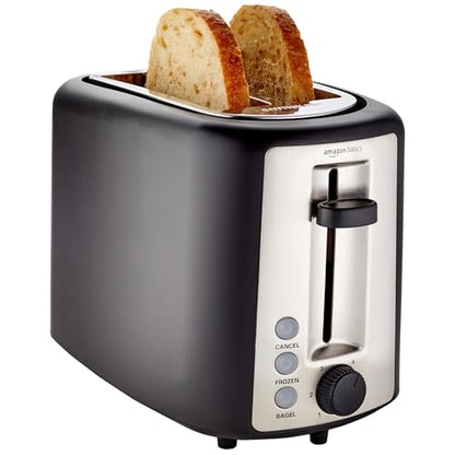 Amazon Basics 2 Slice Toaster, Extra Wide Slots for Bagels, 6 Browning Settings, Removable Crumb Tray, Defrost/Cancel/Bagel Buttons, Cord Wrap, 900W, Black & Silver