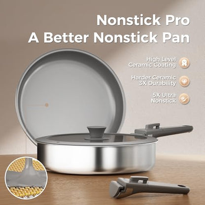 Sanho 21-Piece Pots and Pans Set, Healthy Ceramic Nonstick Cookware with Detachable Handles, Induction RV Kitchen Set, Dishwasher & Oven Safe, Gray