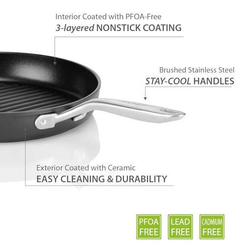TECHEF - Onyx Collection, 12-inch Grill Pan For Stove Top, Nonstick Grill Pan For indoor cooking, PFOA-Free, Heavy-Duty Aluminum, Made In Korea (No Induction)