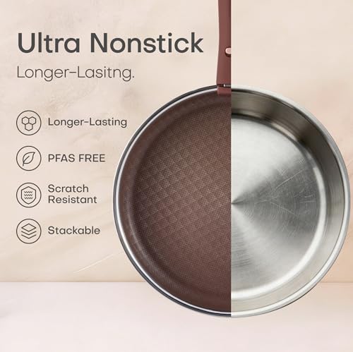 CAROTE 22PCS Stainless Steel Cookware Set, Ceramic Hybrid Nonstick Pots and Pans Set, Titanium Cookware, Kitchen Cookware Set, Induction Safe, Oven Safe, Brown, Mothers Day Gifts