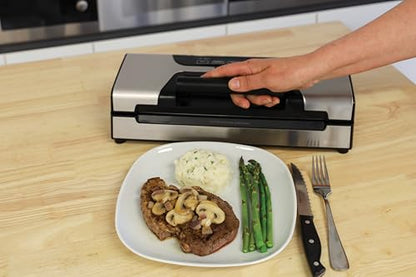 Nesco FreshLock Pro VS-15 Stainless Steel Vacuum Sealer, moist and dry seal, roll storage, 120 watts, with bags and rolls, simple and easy to use