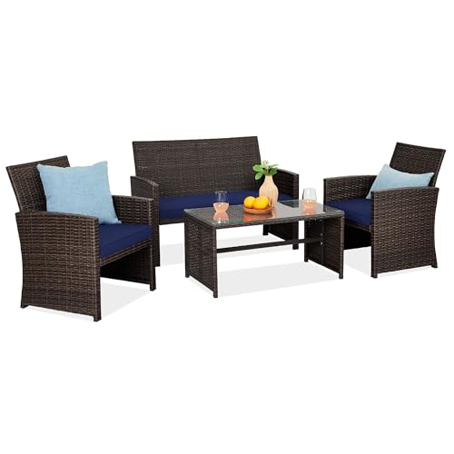 Best Choice Products 4-Piece Outdoor Wicker Patio Conversation Furniture Set for Backyard w/Coffee Table, Seat Cushions - Brown/Navy