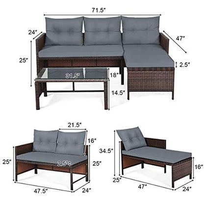 Tangkula Patio Corner Sofa Set 3 Piece, Outdoor Rattan Sofa Set, Includes Lounge Chaise, Loveseat & Coffee Table, Patio Garden Poolside Lawn Backyard Furniture